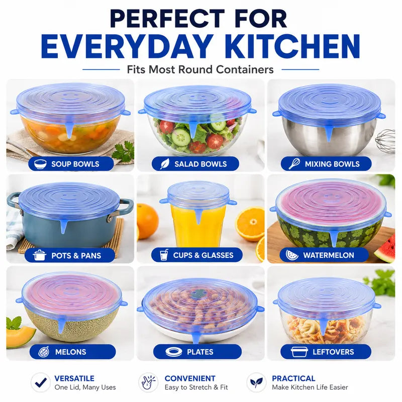6-Pack Reusable Silicone Stretch Lids – Keep Food Fresh, Fits Bowls, Cups & More
