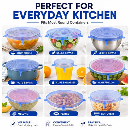 6-Pack Reusable Silicone Stretch Lids – Keep Food Fresh, Fits Bowls, Cups & More