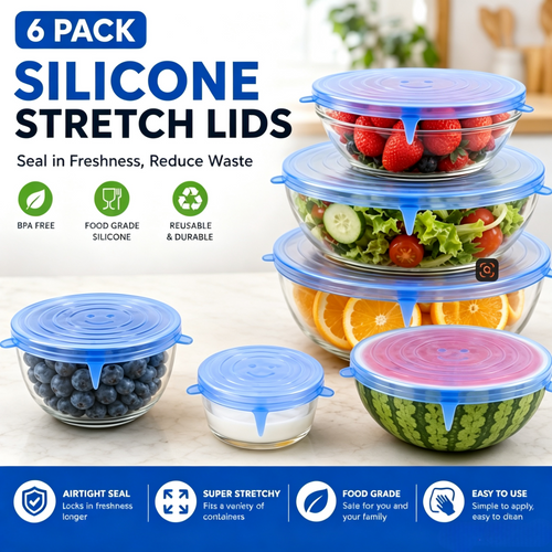 6-Pack Reusable Silicone Stretch Lids – Keep Food Fresh, Fits Bowls, Cups & More