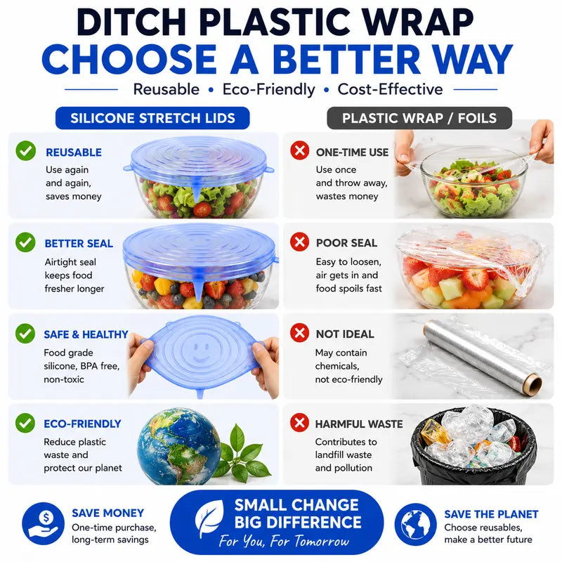 6-Pack Reusable Silicone Stretch Lids – Keep Food Fresh, Fits Bowls, Cups & More