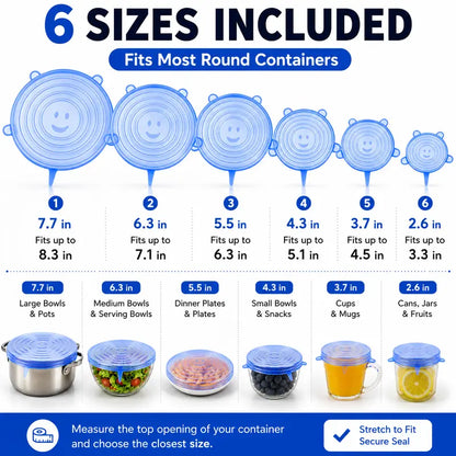 6-Pack Reusable Silicone Stretch Lids – Keep Food Fresh, Fits Bowls, Cups & More