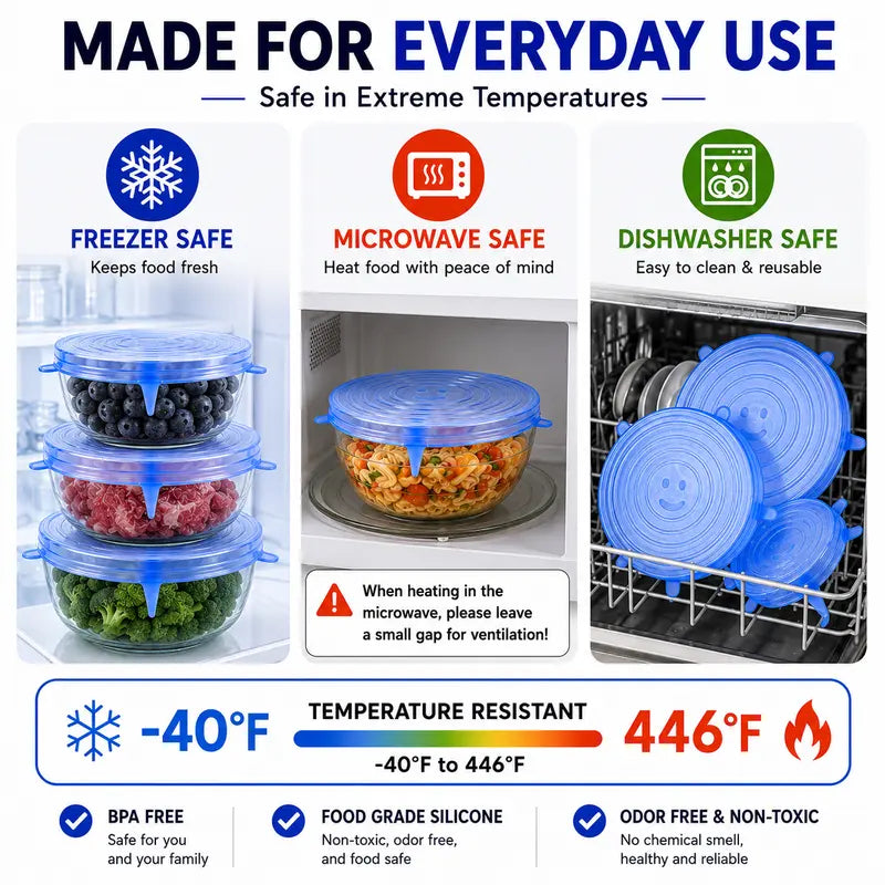 6-Pack Reusable Silicone Stretch Lids – Keep Food Fresh, Fits Bowls, Cups & More