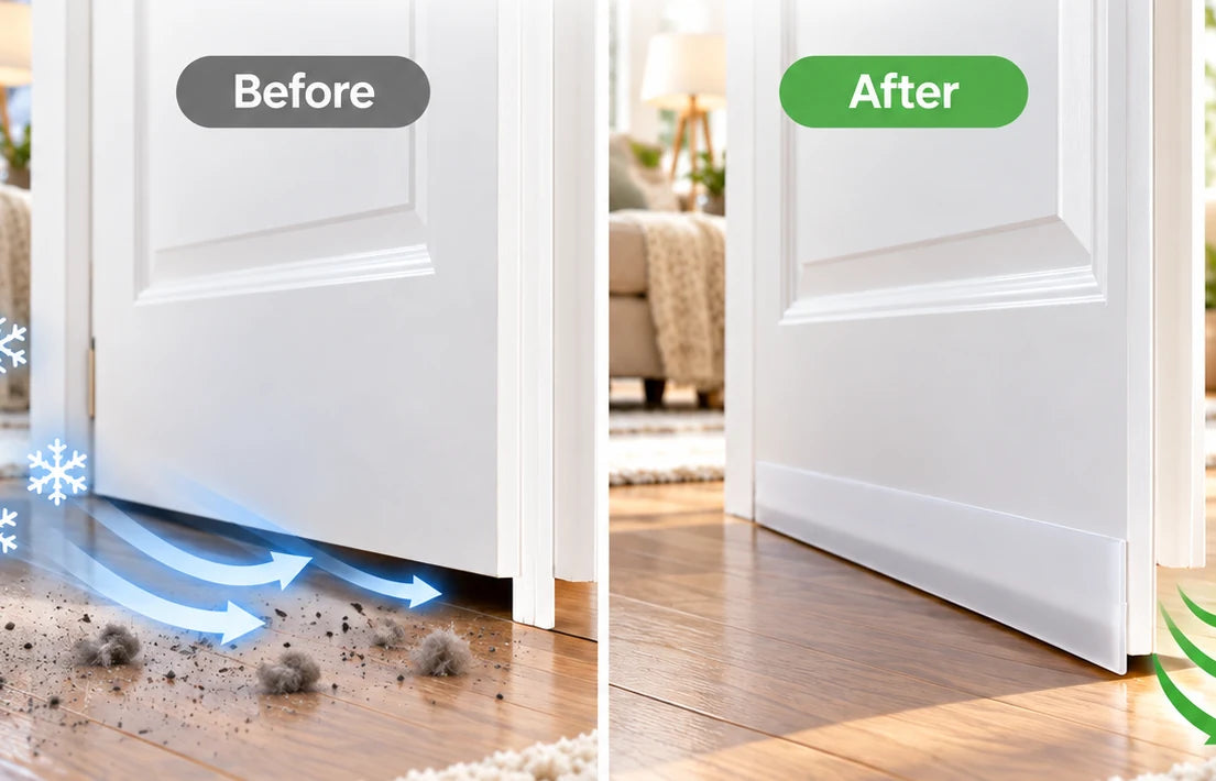 Illustration comparing a drafty door gap before and after applying a draft seal