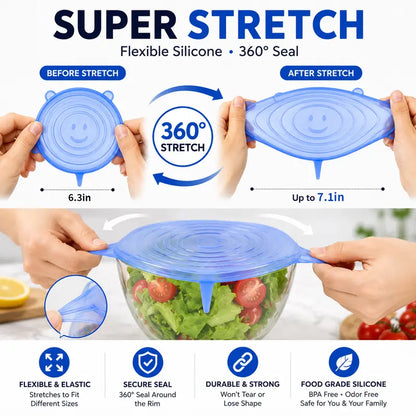 6-Pack Reusable Silicone Stretch Lids – Keep Food Fresh, Fits Bowls, Cups & More