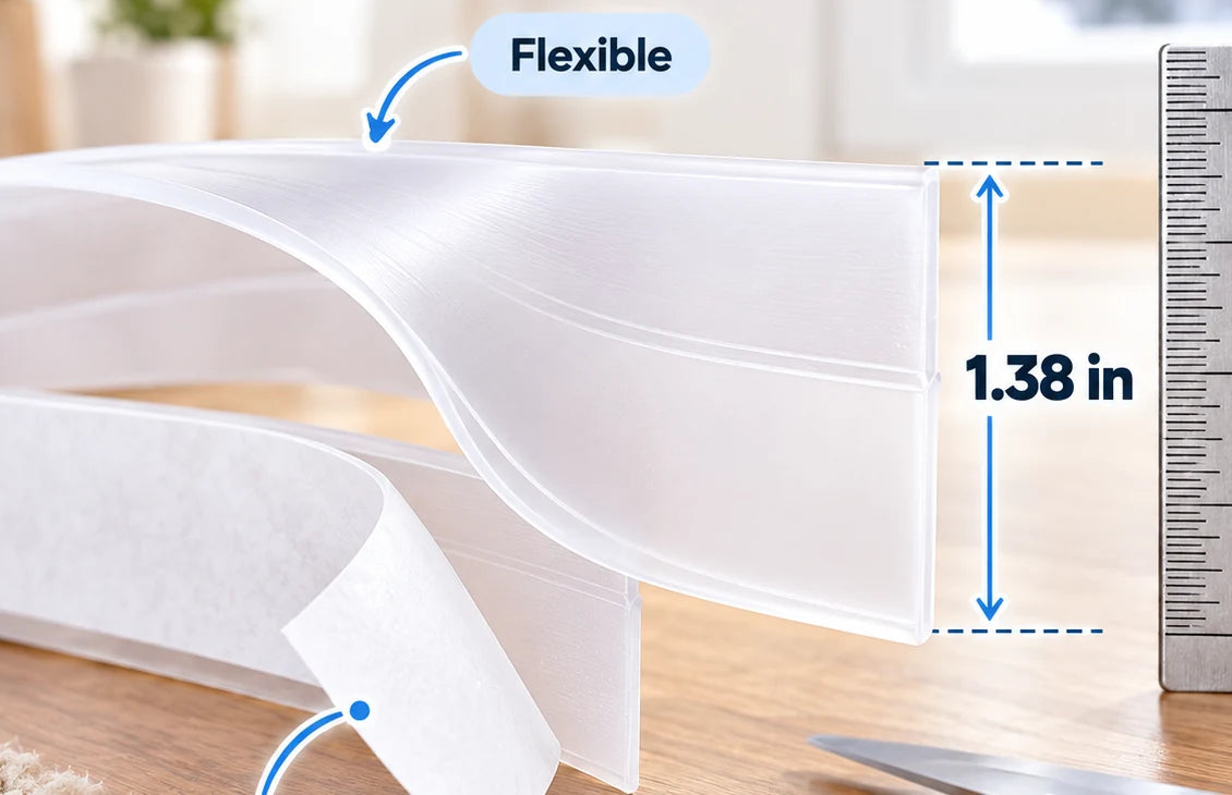 Close-up of flexible sealing strip and its 1.38 inch width