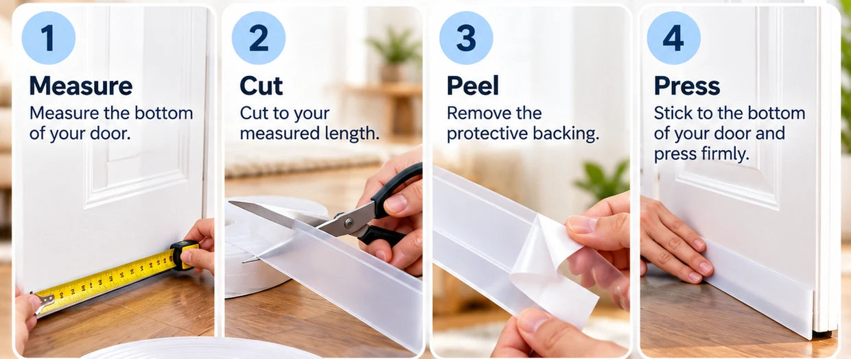 Four illustrated steps for measuring, cutting, peeling and pressing the sealing strip