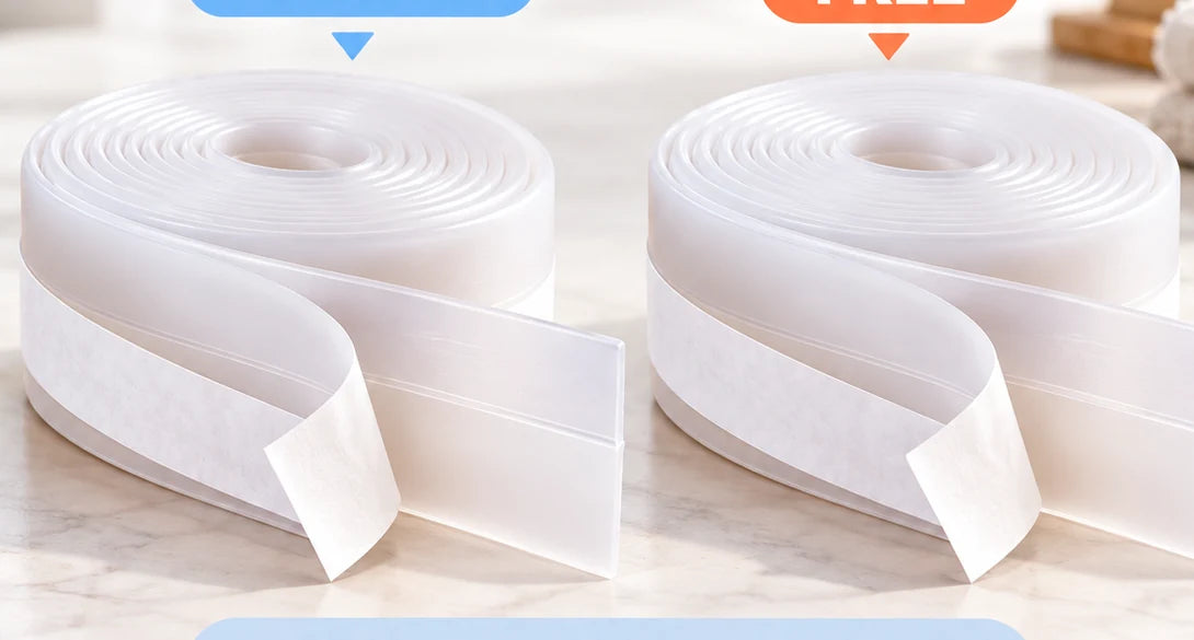 Two matching rolls of self-adhesive door sealing strip showing the buy one get one free bundle