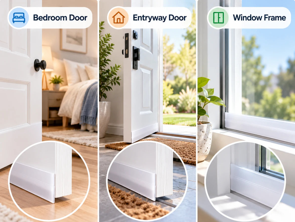 Sealing strip shown on a bedroom door, entryway door and window frame